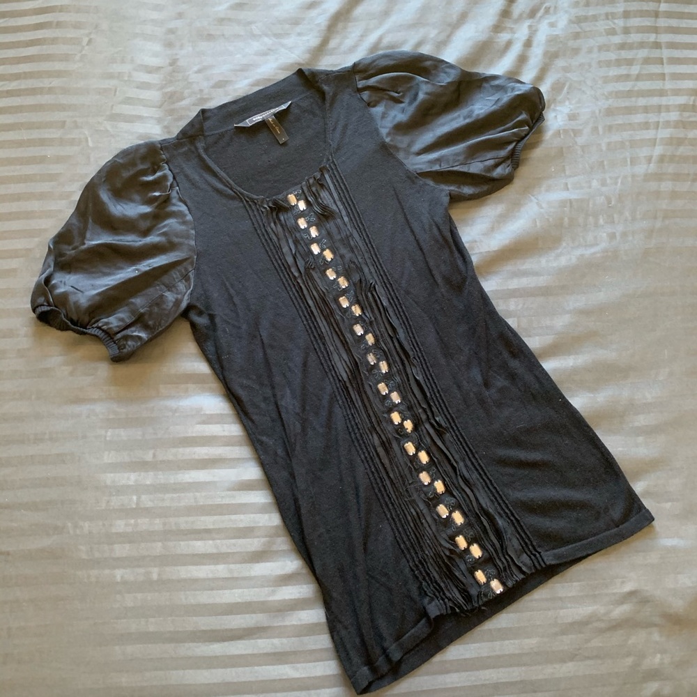 BCBGMaxAzria Black Short Sleeve Blouse with Puff Sleeves